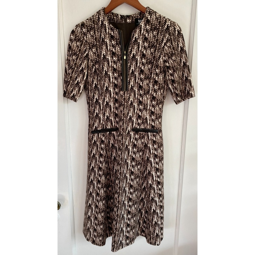 W By Worth Brown/Black/White Geometric Sheath Midi Short Sleeve Dress Size 2